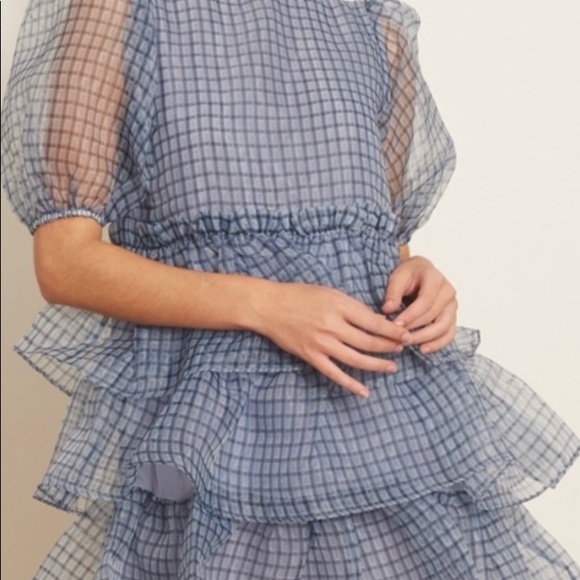 NWT Ganni Gingham Organza Mini Dress Heather 38 - Picture 3 of 4